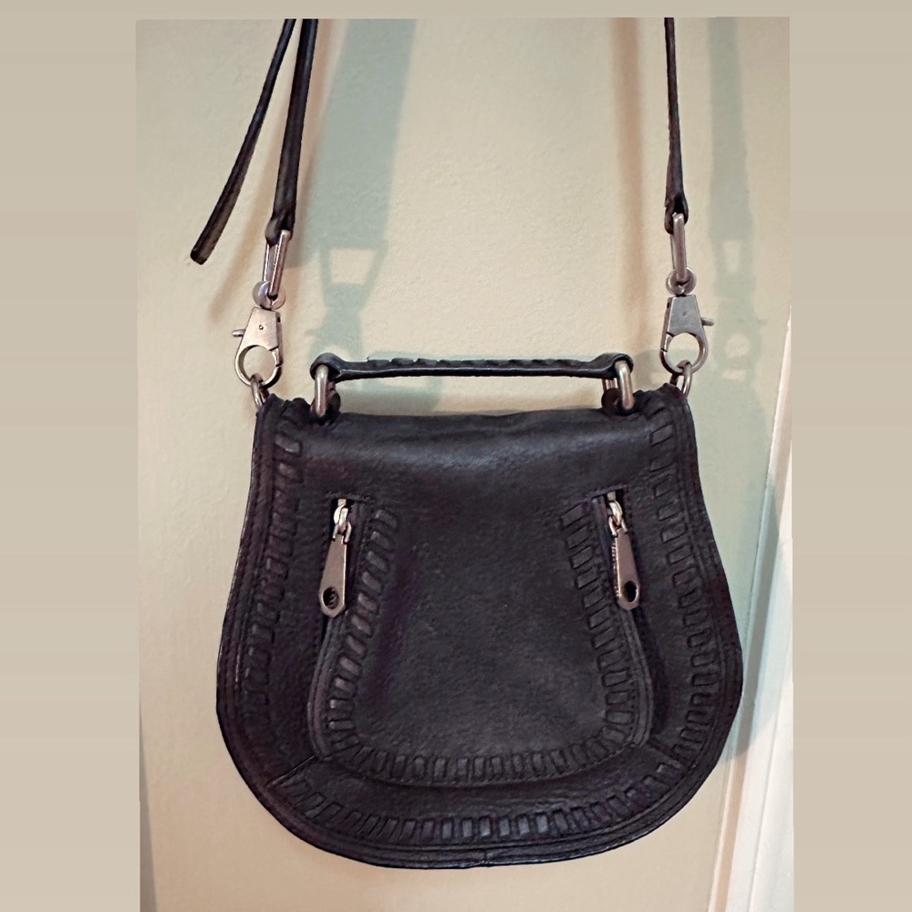 Rebecca Minkoff Small Vanity Saddle Crossbody in Black Distressed Leather